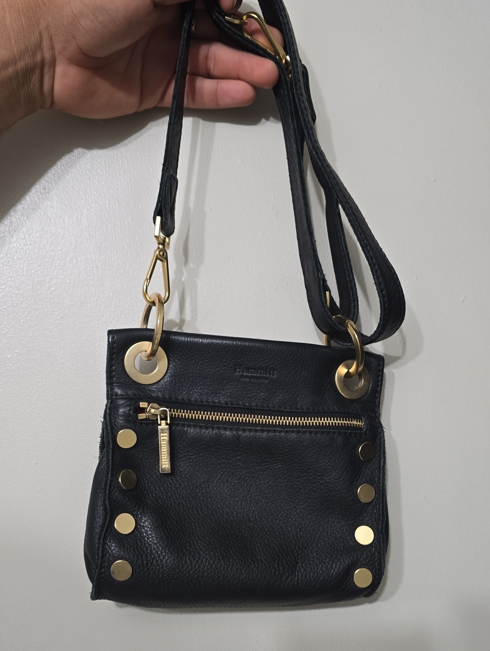Hammitt Black Leather Crossbody with Gold Studs